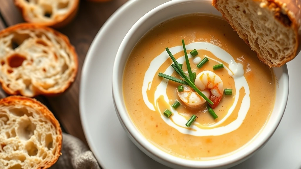 hero: creamy shrimp bisque soup in white bowl, garnished with fresh chives and cream drizzle, crusty bread beside it, photorealistic, warm natural lighting from above, no text