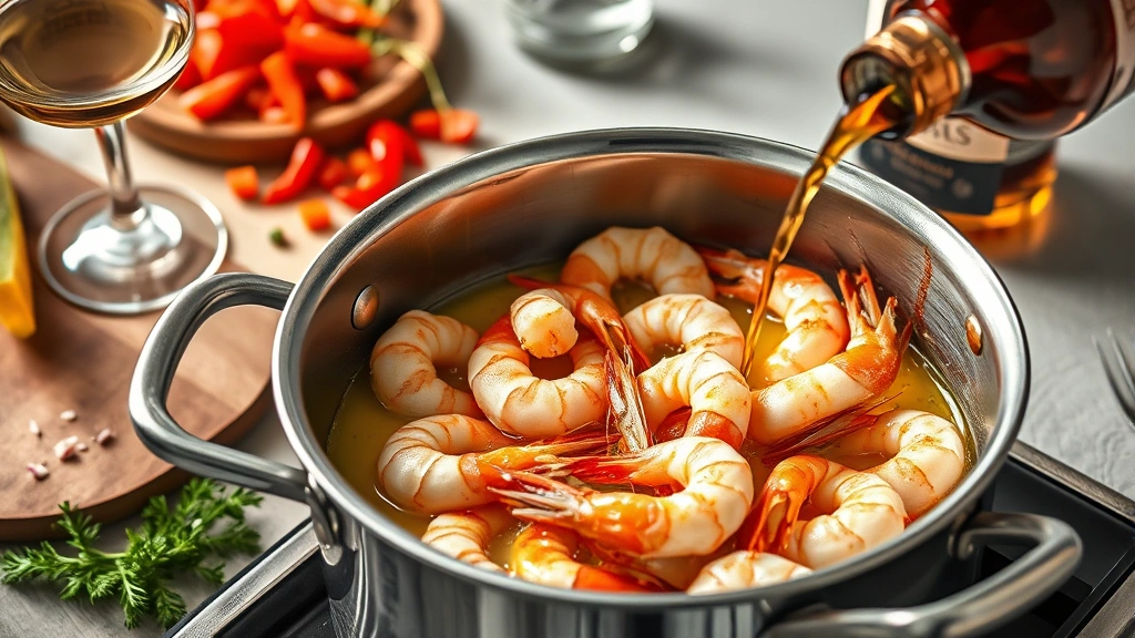 process: shrimp shells toasting in butter in stainless steel pot, aromatic vegetables diced nearby, brandy being poured, photorealistic, bright kitchen lighting, no text