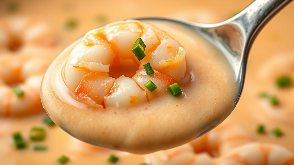 detail: close-up spoonful of rich creamy bisque with pink shrimp visible, garnish of fresh chives, photorealistic, macro photography, soft natural light, no text