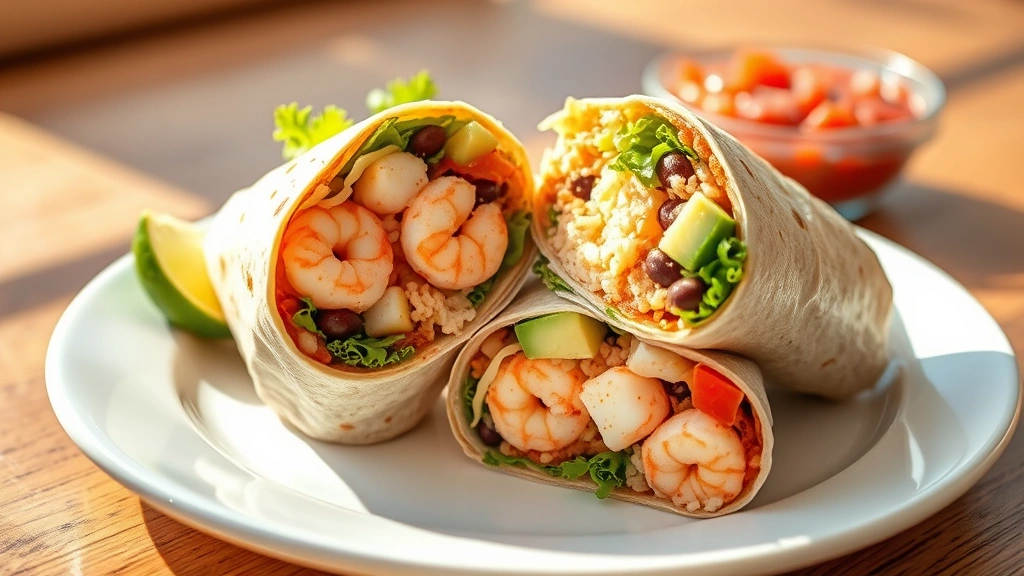 hero: A perfectly wrapped shrimp burrito cut in half, showing layers of rice, beans, pink shrimp, avocado, lettuce, and cheese, served on a white plate with lime wedges and salsa on the side, photorealistic, natural sunlight streaming from the left, warm colors, no text