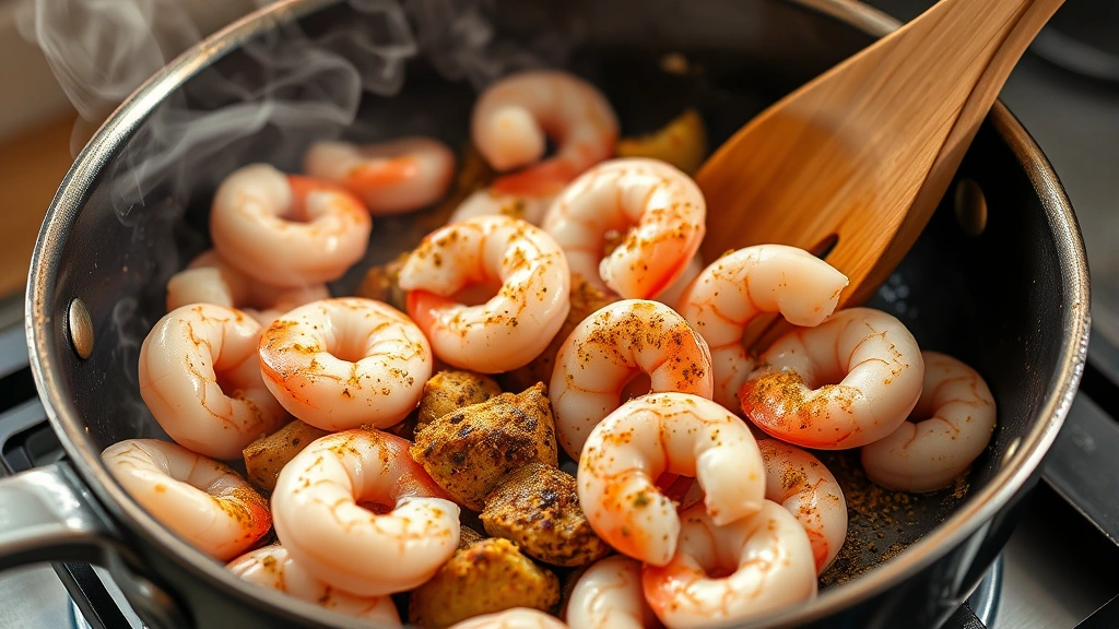 process: A skillet with large pink shrimp being tossed with cumin and spice seasoning, steam rising from the pan, wooden spoon stirring, vibrant colors, photorealistic, natural kitchen lighting, no text
