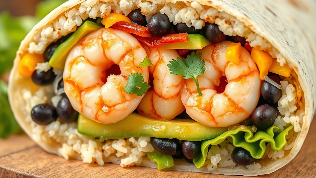 detail: Close-up macro shot of a cross-section of a burrito showing the layers inside - fluffy rice, black beans, tender pink shrimp, creamy avocado, fresh cilantro, melted cheese, and crispy lettuce, photorealistic, natural light, no text