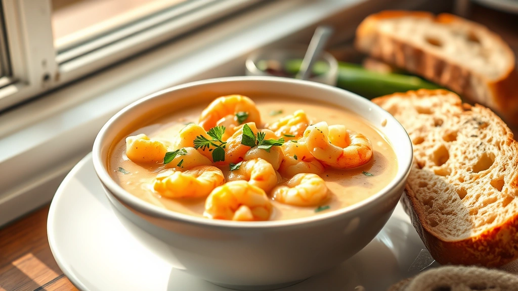 hero: creamy shrimp chowder in white bowl, garnished with fresh parsley and chives, crusty bread beside, steam rising, natural window light, warm cozy setting