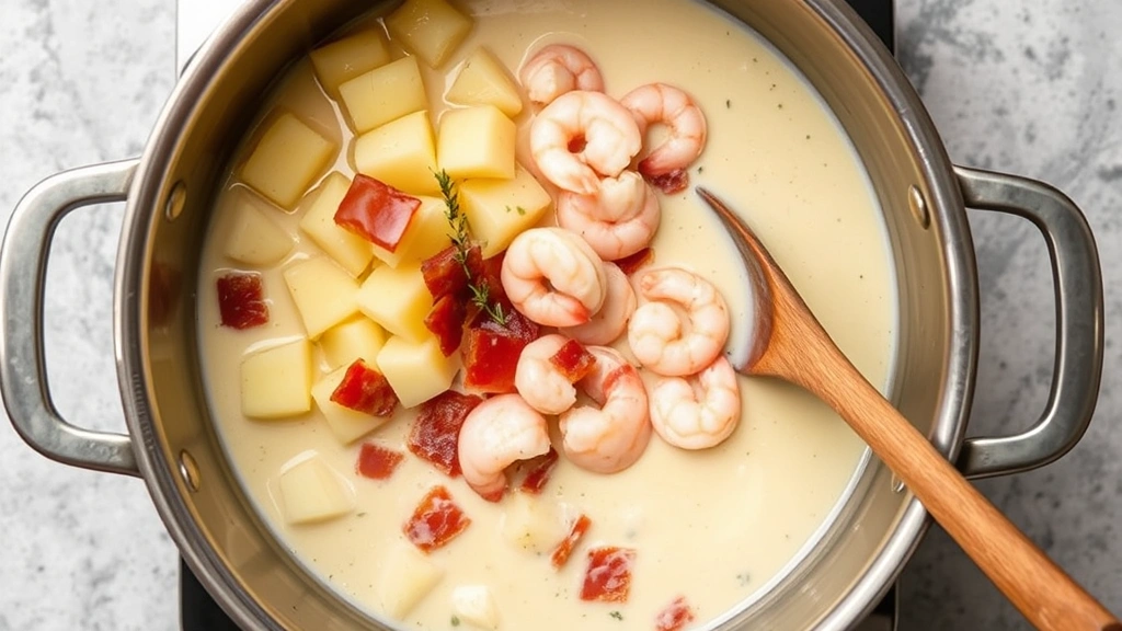 process: diced potatoes and shrimp being added to cream broth in large pot, bacon pieces visible, thyme sprigs floating, wooden spoon stirring, overhead shot