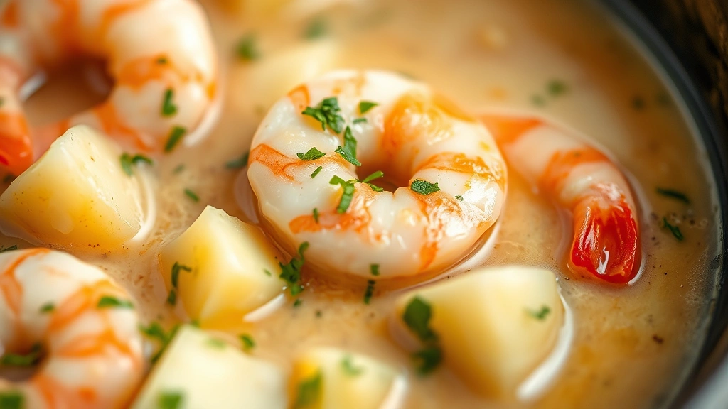 detail: close-up of tender pink shrimp and diced potato in creamy broth, fresh herbs sprinkled on top, soft focused background, shallow depth of field