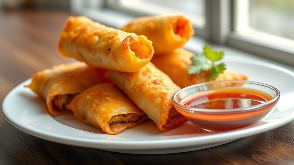 hero: golden-brown crispy shrimp egg rolls arranged on a white ceramic plate with sweet and sour sauce in a small bowl, photorealistic, natural window lighting, shallow depth of field, no text