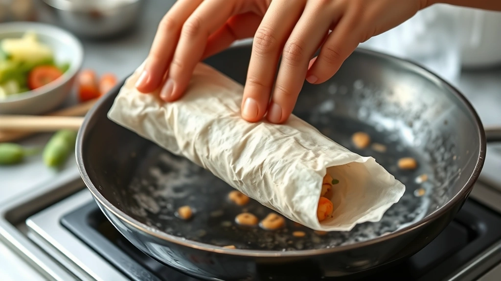 process: hands rolling shrimp egg roll wrapper with filling visible, oil bubbling in wok in background, photorealistic, natural kitchen lighting, no text