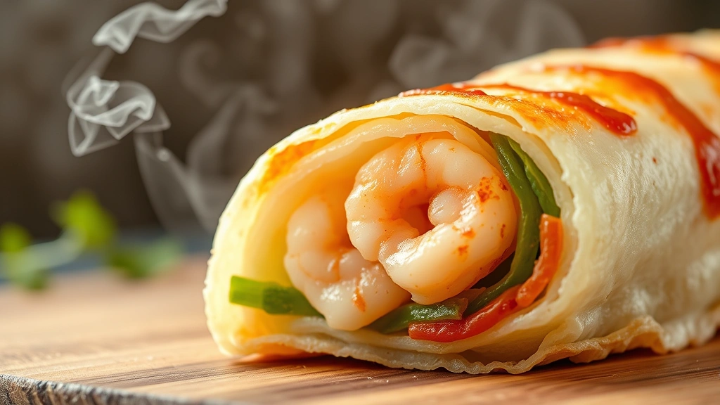 detail: close-up cross-section of freshly fried shrimp egg roll showing shrimp and vegetable filling, steam rising, photorealistic, macro photography, natural lighting, no text