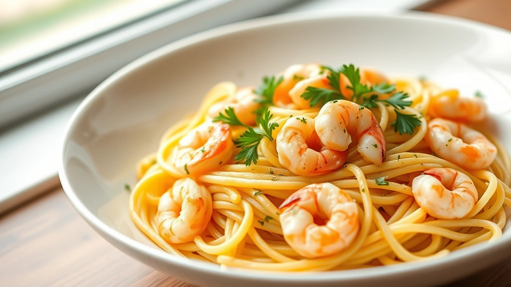 hero: Perfect Shrimp Fettuccine pasta dish, silky buttery sauce with pink shrimp and fresh parsley garnish, served in elegant white bowl, photorealistic, natural window light, no text, shallow depth of field, artfully plated