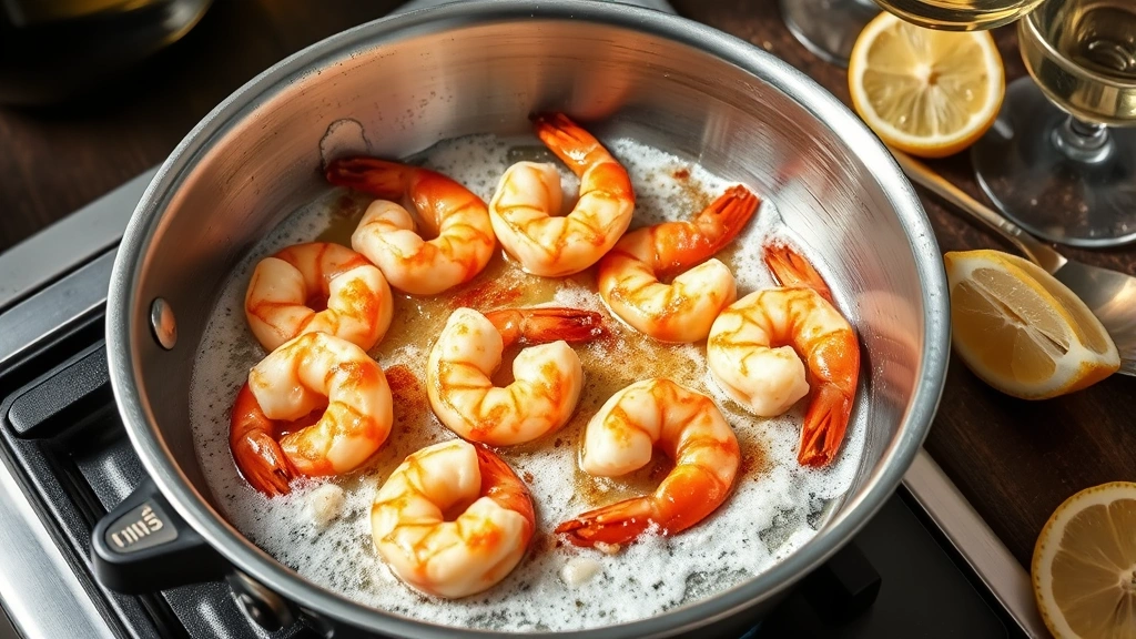 process: Shrimp searing in butter and garlic in stainless steel skillet, golden brown shrimp with foam, fresh lemon and white wine nearby, photorealistic, bright natural light from above, no text, food photography style