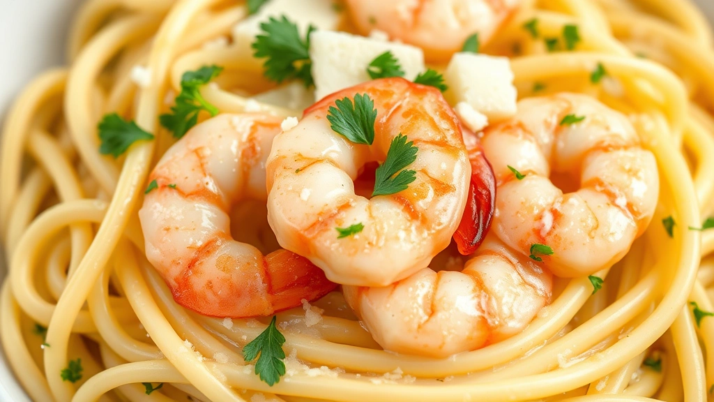 detail: Close-up of fettuccine noodles coated in creamy lemon butter sauce with cooked shrimp, fresh parsley and Parmesan cheese on top, photorealistic, macro photography, natural light, no text, professional food styling