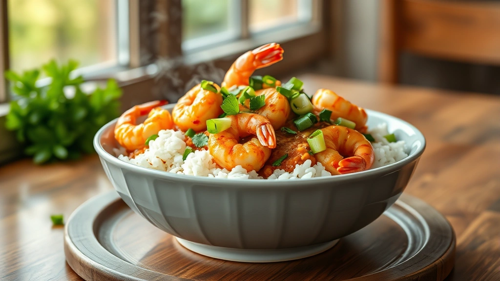 hero: steaming bowl of shrimp jambalaya over white rice with green onions and parsley garnish, photorealistic, natural window light, wooden table background, no text