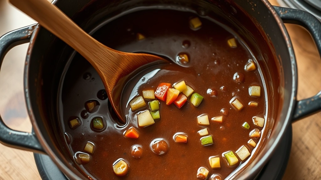 process: wooden spoon stirring chocolate brown roux with diced vegetables in cast iron pot, photorealistic, warm kitchen lighting, no text