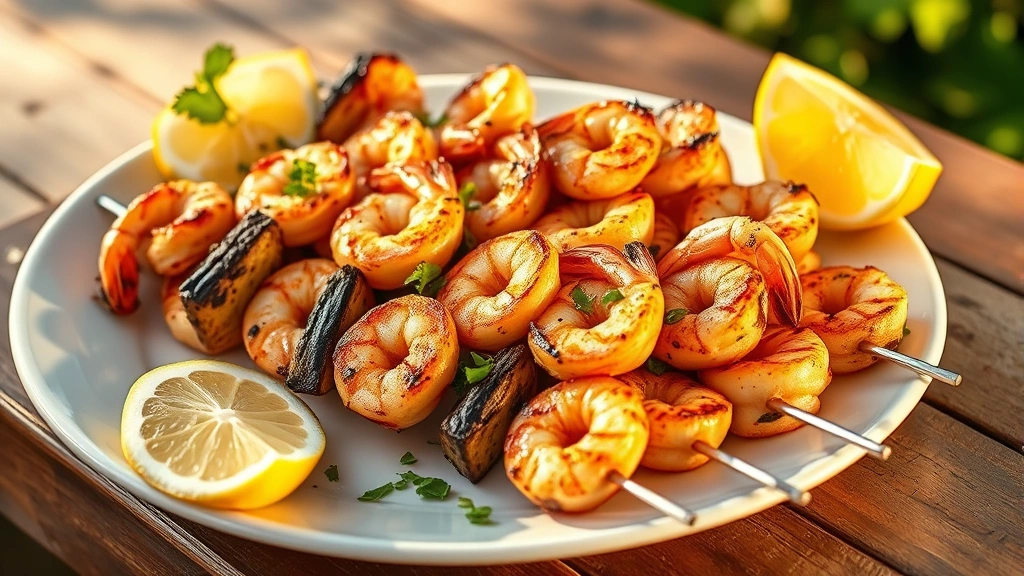 hero: grilled shrimp kabobs on a white plate with charred vegetables and lemon wedges, photorealistic, golden afternoon sunlight, no text
