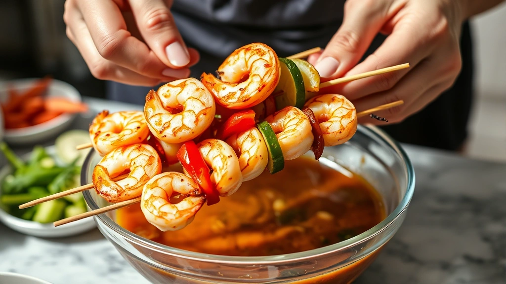 process: hands threading shrimp and vegetables onto wooden skewers over a bowl of marinade, photorealistic, bright kitchen lighting, no text