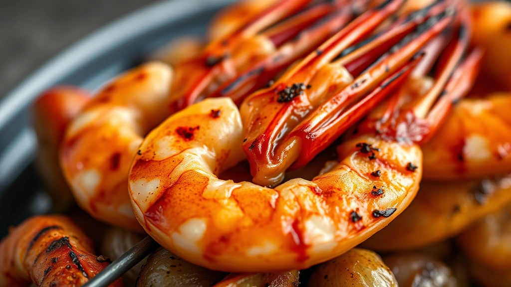 detail: close-up of perfectly cooked shrimp with char marks on a skewer with grilled peppers and onions, photorealistic, natural warm light, no text