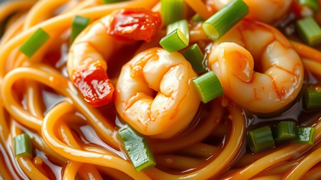 detail: close-up of glossy noodles coated in sauce with visible shrimp and green onions, photorealistic, natural light, no text