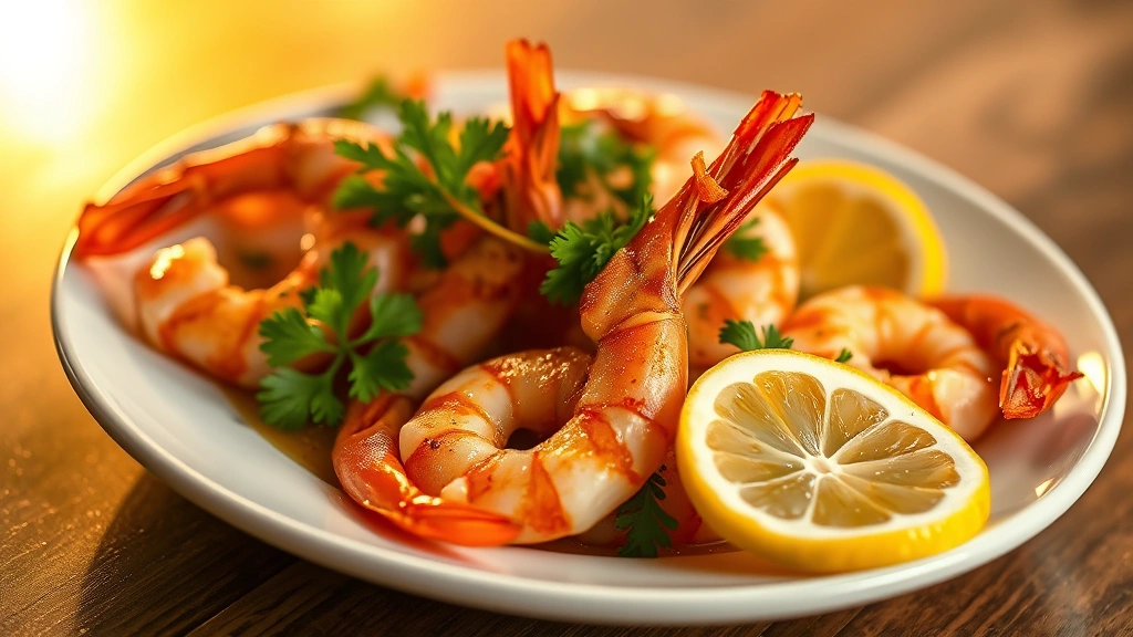 hero: perfectly cooked marinated shrimp on a white plate garnished with fresh lemon slices and parsley, golden light streaming from the left, shallow depth of field, appetizing and restaurant-quality presentation, no text or watermarks