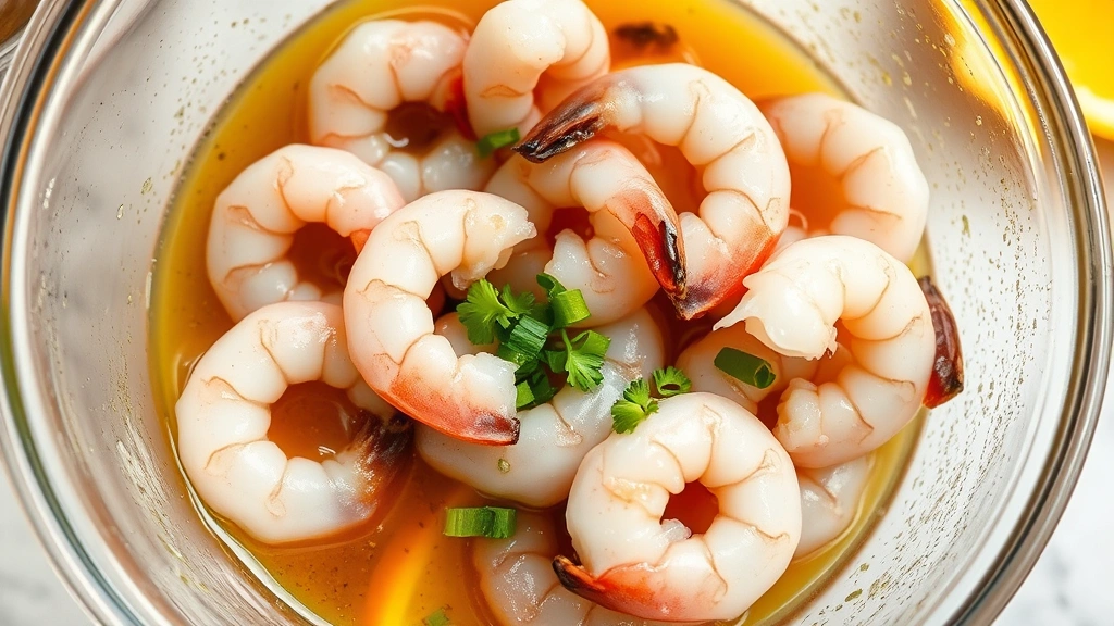 process: raw shrimp being tossed in marinade bowl with garlic and citrus visible, natural morning kitchen light, action shot showing movement and texture, no text or watermarks