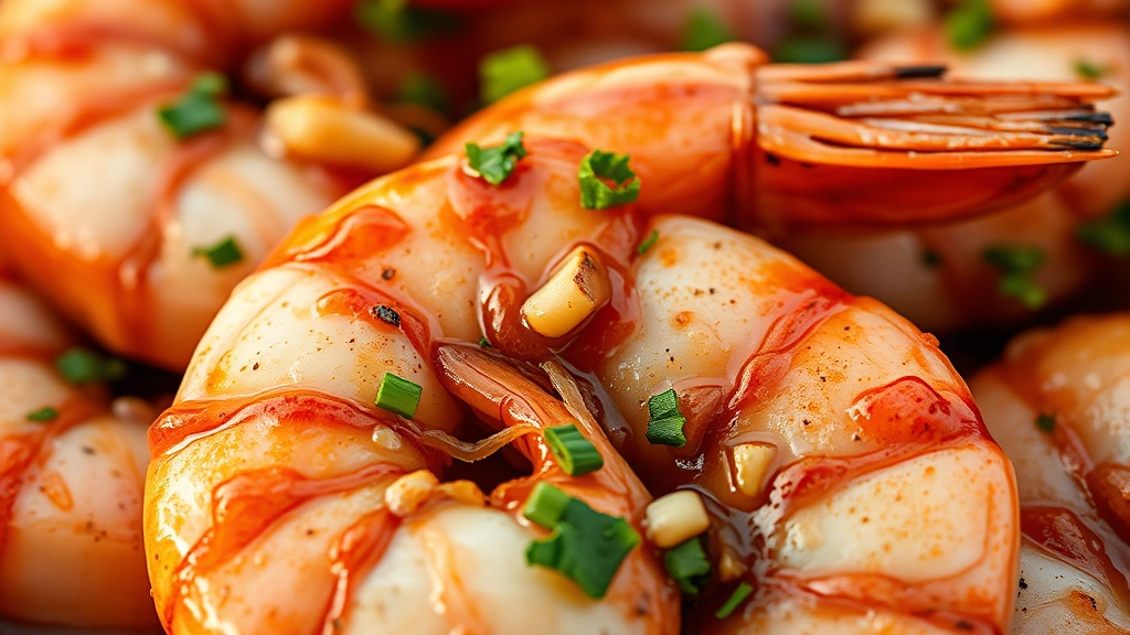 detail: close-up macro shot of individual shrimp coated in glossy marinade with visible garlic pieces and fresh herb garnish, golden hour lighting highlighting the texture and seasoning, no text or watermarks