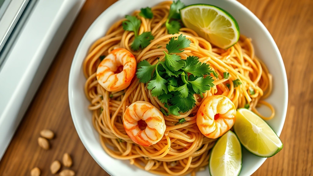 hero: finished shrimp pad thai on a white plate with lime wedges, peanuts, fresh cilantro and bean sprouts, photorealistic, natural window light from left, no text, overhead angle