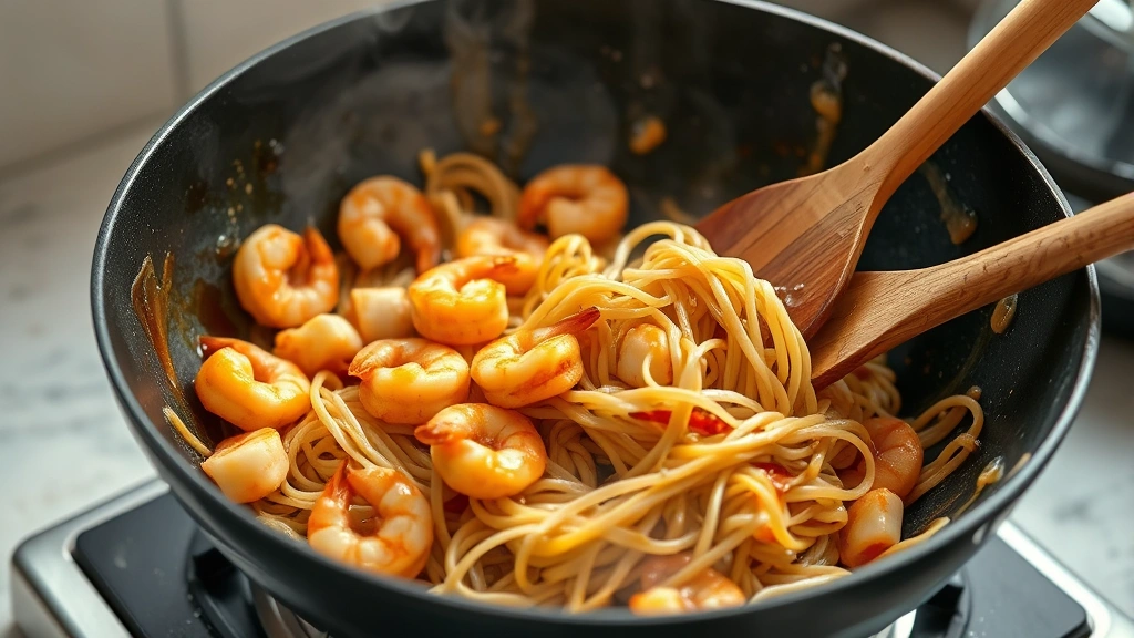 process: wok with shrimp and noodles being tossed together with sauce coating, steam rising, wooden spatula in motion, photorealistic, natural kitchen light, no text, side angle