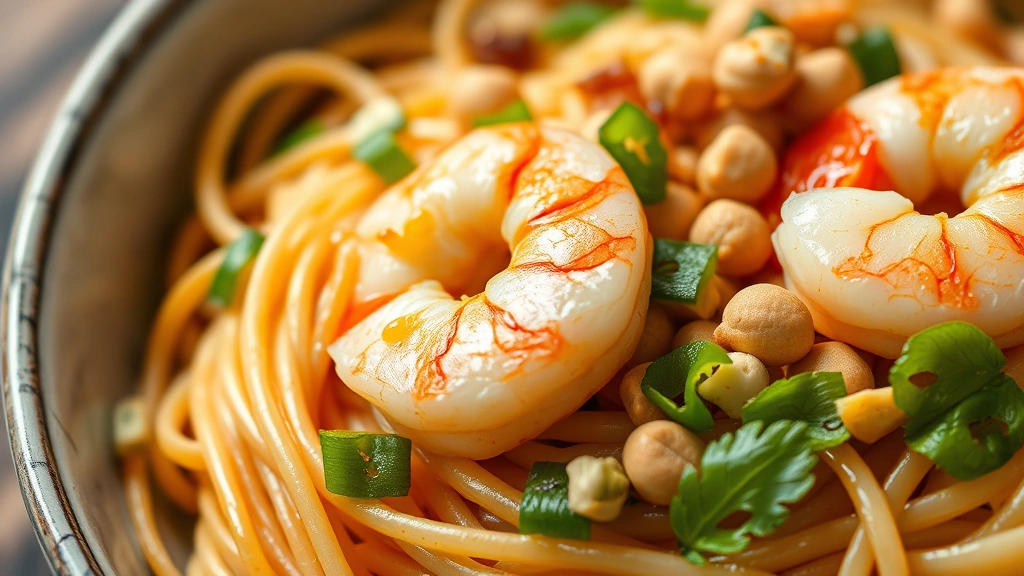 detail: close-up of shrimp pad thai showing texture of noodles, peanuts, fresh herbs and shrimp, photorealistic, soft natural light, no text, macro photography