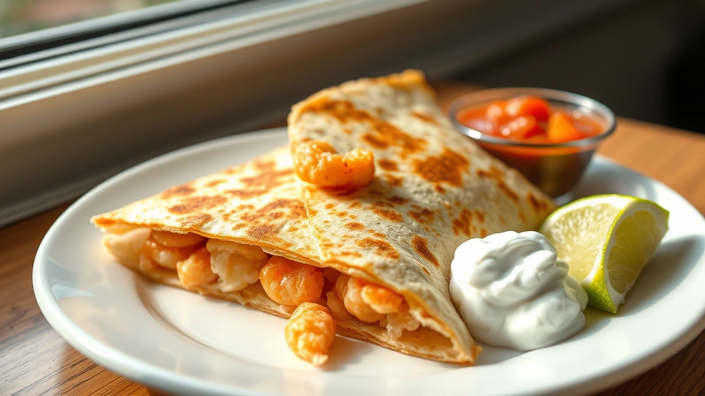 hero: golden crispy shrimp quesadilla cut into triangles on white plate, sour cream and salsa on the side, fresh lime wedge, natural daylight from window, no text or watermarks