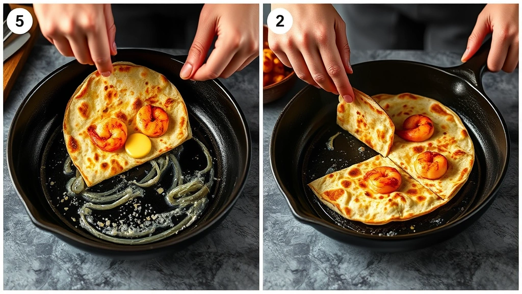 process: hands flipping shrimp quesadilla in cast iron skillet, butter sizzling, golden brown tortilla, steam rising, professional food photography lighting, no text