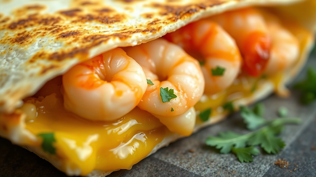 detail: close-up cross-section of quesadilla showing melted cheese and plump shrimp, cilantro visible, shallow depth of field, natural light, no text