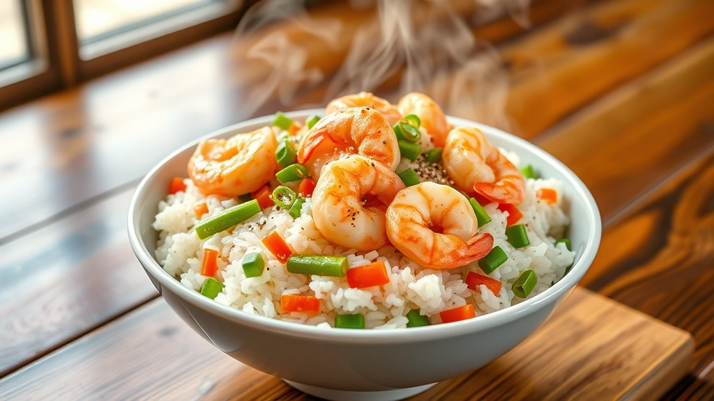 hero: steaming bowl of shrimp fried rice with white rice, pink shrimp, colorful peas and carrots, green onions, sesame seeds sprinkled on top, professional plating, wooden table background, natural window light, appetizing steam rising