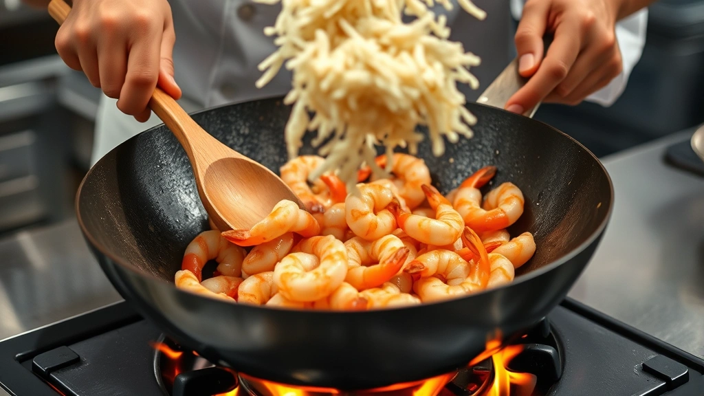 process: wok with shrimp being stir-fried over high heat, visible flames underneath, chef's hands using wooden spoon, rice being tossed mid-air, dynamic cooking action, restaurant kitchen style
