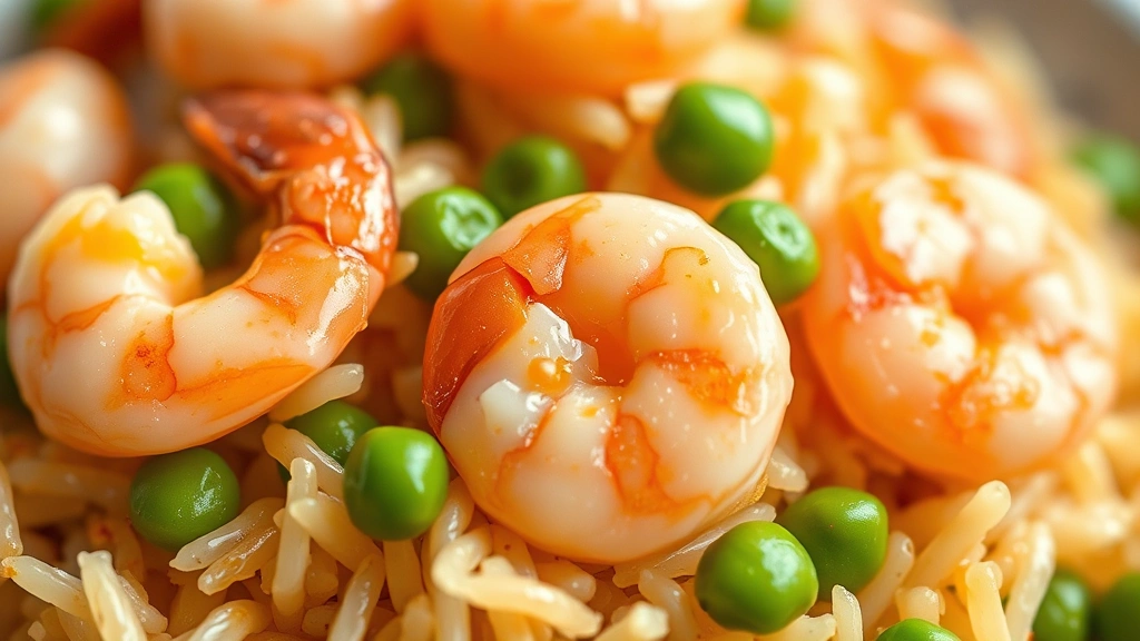 detail: close-up macro shot of individual shrimp fried rice grains with perfectly cooked pink shrimp, bright green peas, golden egg pieces, glistening with sesame oil, shallow depth of field, bokeh background