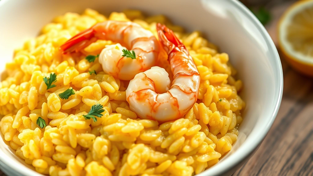 hero: creamy shrimp risotto in white bowl, golden saffron-infused rice with pink shrimp on top, garnished with lemon zest and parsley, photorealistic, natural daylight from left, shallow depth of field, no text