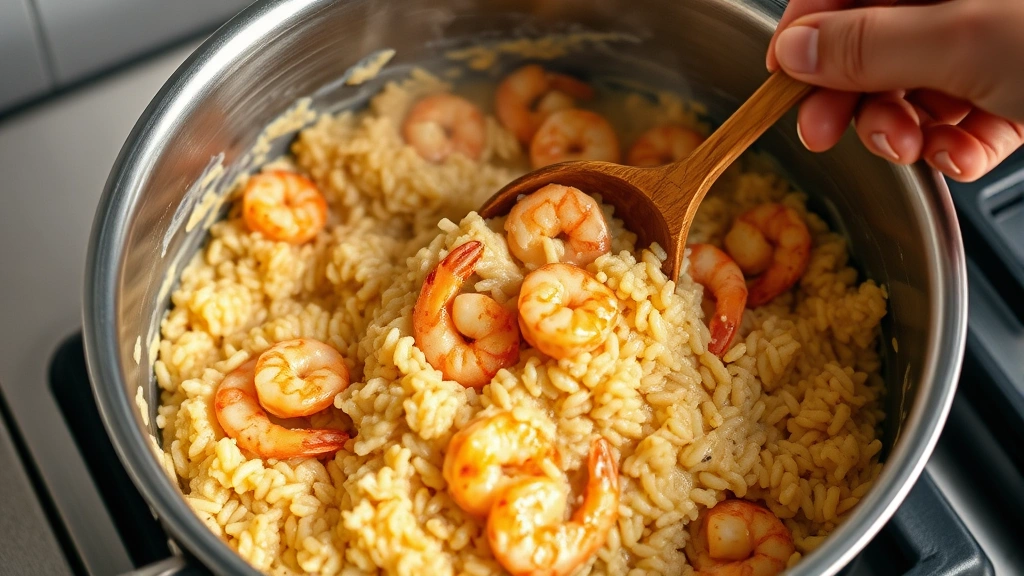 process: wooden spoon stirring creamy risotto in stainless steel pan, shrimp visible in rice, steam rising, hand holding spoon, photorealistic, warm kitchen lighting, no text
