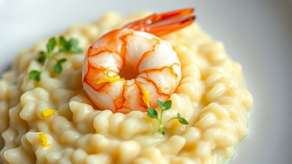 detail: close-up of single shrimp on bed of creamy risotto, garnish of fresh lemon zest and microgreens, creamy texture visible, photorealistic, macro photography style, natural light, no text