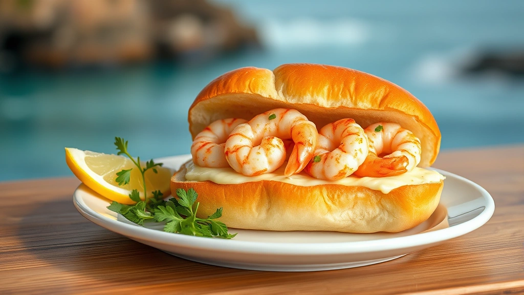 hero: perfectly assembled shrimp roll in buttery toasted bun, golden brown exterior, creamy filling visible, lemon wedge beside it, fresh herbs garnish, served on white plate with blurred coastal background, photorealistic, natural daylight, studio quality, no text