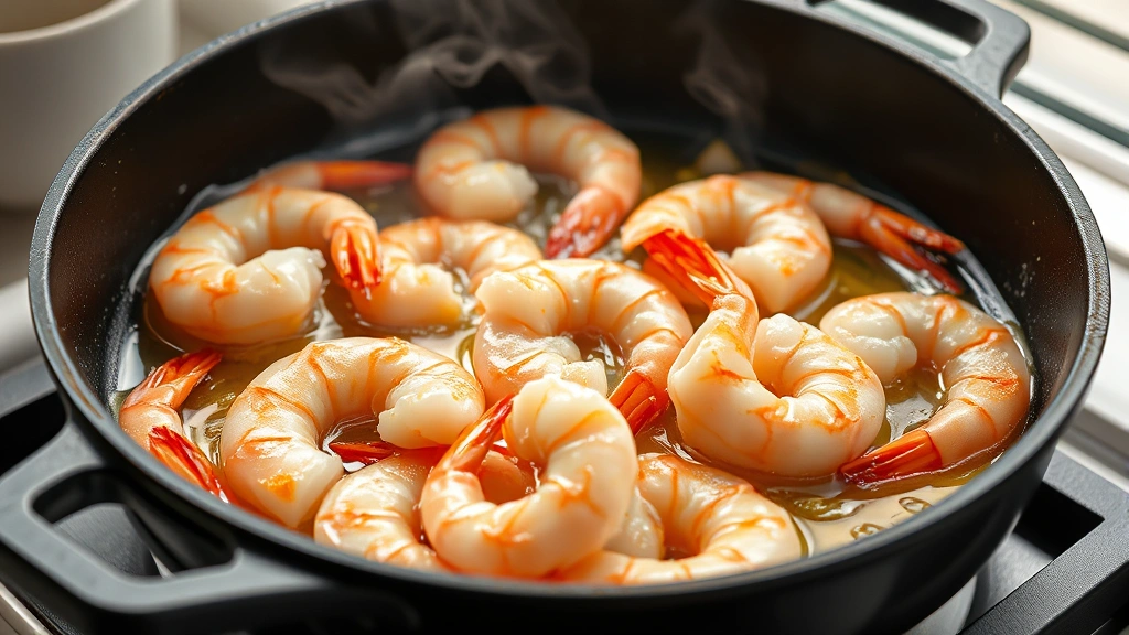 process: raw pink shrimp sizzling in butter in cast iron skillet, garlic and shallots visible, golden sear marks on shrimp, steam rising, photorealistic, natural window light, overhead angle, no text