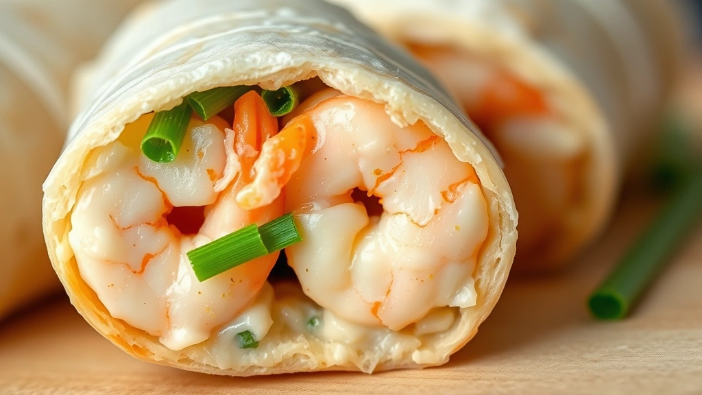 detail: close-up macro shot of shrimp roll cross-section showing layers, fresh chives and herbs visible in creamy filling, buttery bun texture, photorealistic, shallow depth of field, natural light, no text