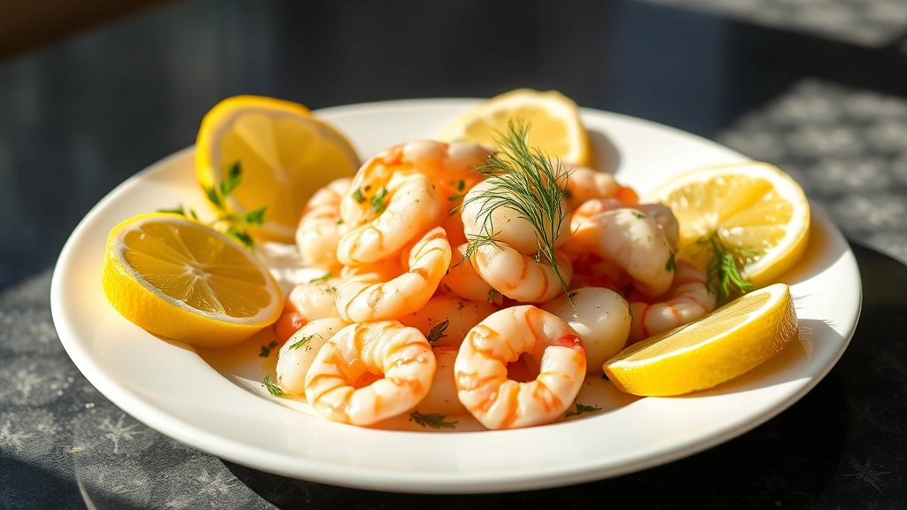 hero: elegant shrimp salad served on white plate with fresh lemon wedges and dill garnish, photorealistic, natural sunlight streaming across table, no text