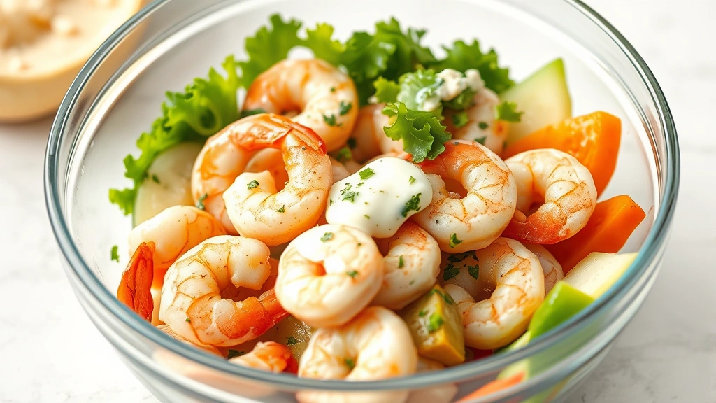 process: fresh cooked shrimp being mixed with creamy dressing and vegetables in glass bowl, photorealistic, bright kitchen lighting, no text