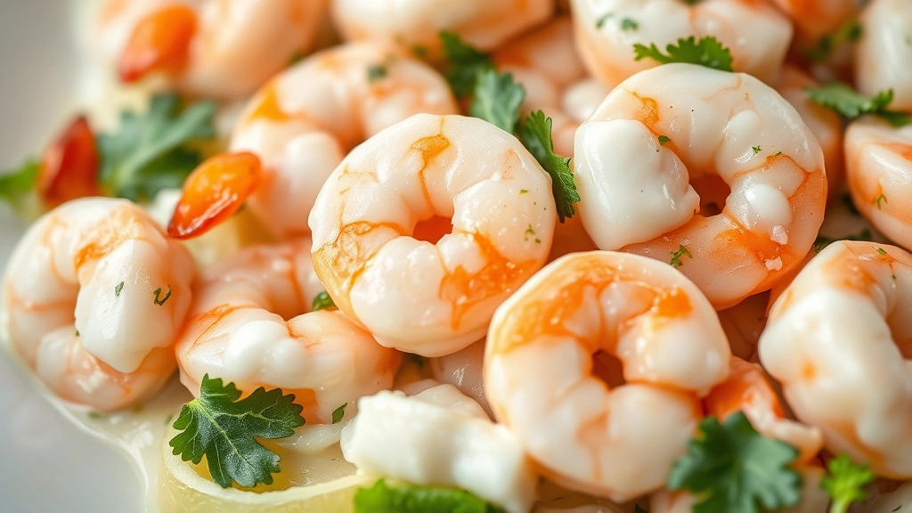 detail: close-up of shrimp salad showing tender pink shrimp pieces, fresh herbs, and creamy dressing, photorealistic, macro photography, no text