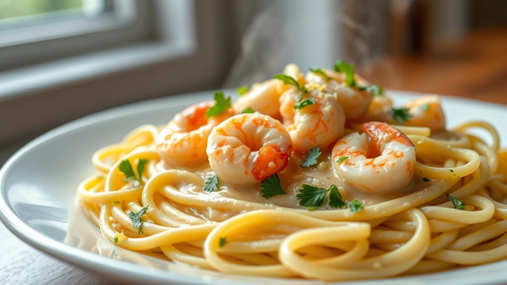 hero: creamy shrimp sauce over fettuccine pasta, garnished with fresh parsley and lemon zest, plated on white dish, natural window light, shallow depth of field, appetizing steam visible