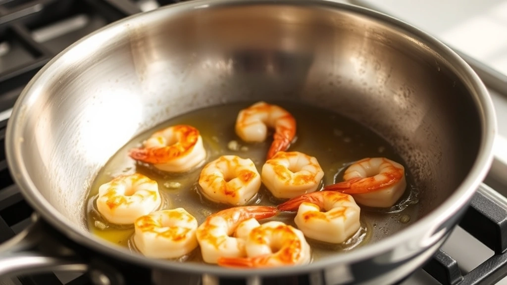 process: golden shrimp being seared in butter in stainless steel skillet, garlic visible, golden brown crust on shrimp, stovetop cooking, natural kitchen light, action shot