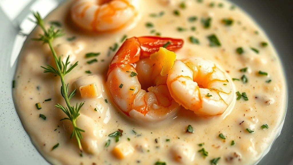 detail: close-up of plated shrimp sauce, individual shrimp visible in creamy sauce with fresh herbs and lemon zest sprinkled on top, macro photography, natural light, professional plating