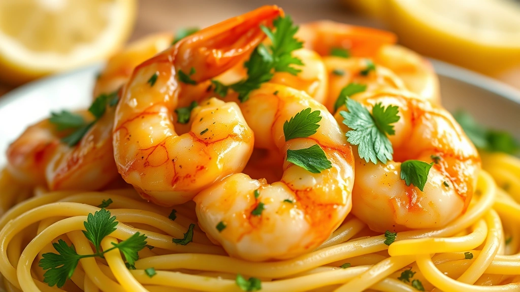 hero: plump shrimp coated in golden buttery garlic sauce with fresh lemon and parsley on top, served over pasta, photorealistic, natural bright kitchen lighting, no text, shallow depth of field