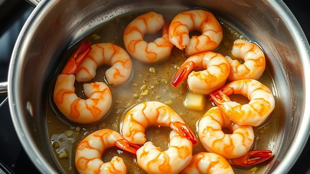 process: shrimp sizzling in a stainless steel skillet with melted butter and minced garlic, steam rising, golden brown shrimp, photorealistic, natural overhead lighting, no text