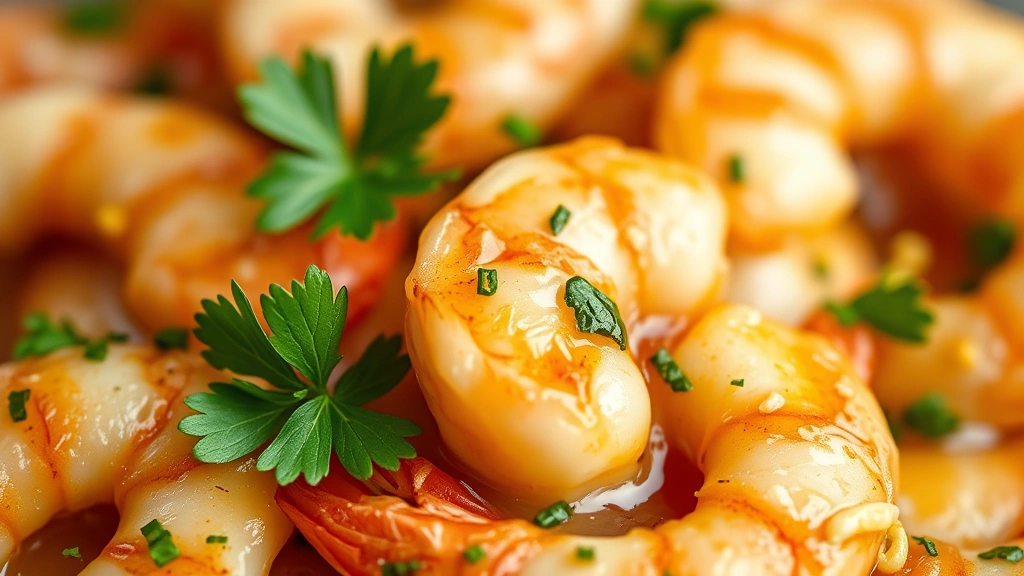 detail: close-up macro shot of succulent cooked shrimp glistening with buttery sauce, fresh parsley garnish and lemon zest visible, photorealistic, natural warm lighting, no text