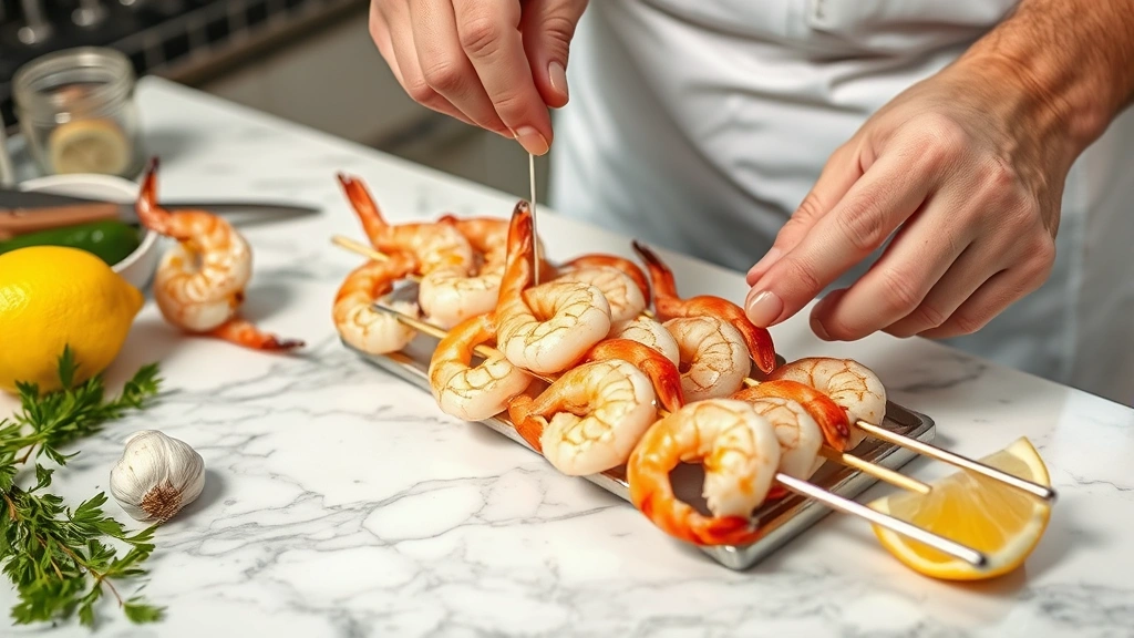 process: hands threading raw shrimp onto metal skewer over marble counter, fresh garlic and lemon visible, bright kitchen lighting
