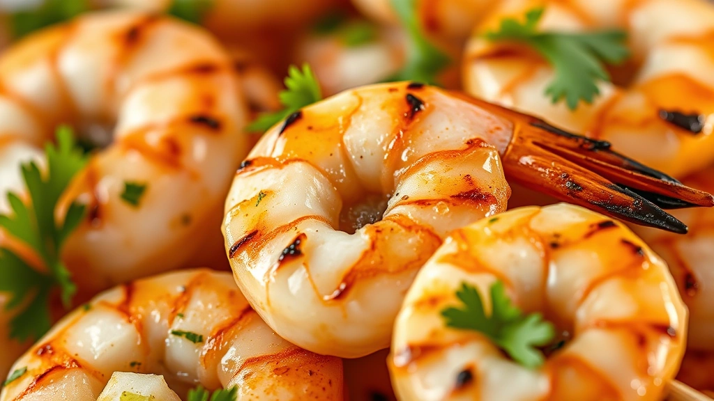 detail: close-up of perfectly cooked shrimp skewer showing char marks and translucent texture, garnished with fresh parsley, warm golden lighting